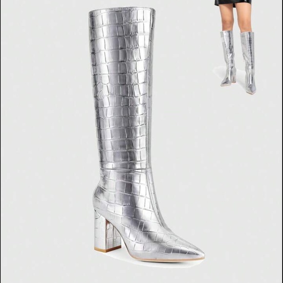 Women’s Silver Tall Faux Crocodile Boots - Picture 2 of 9